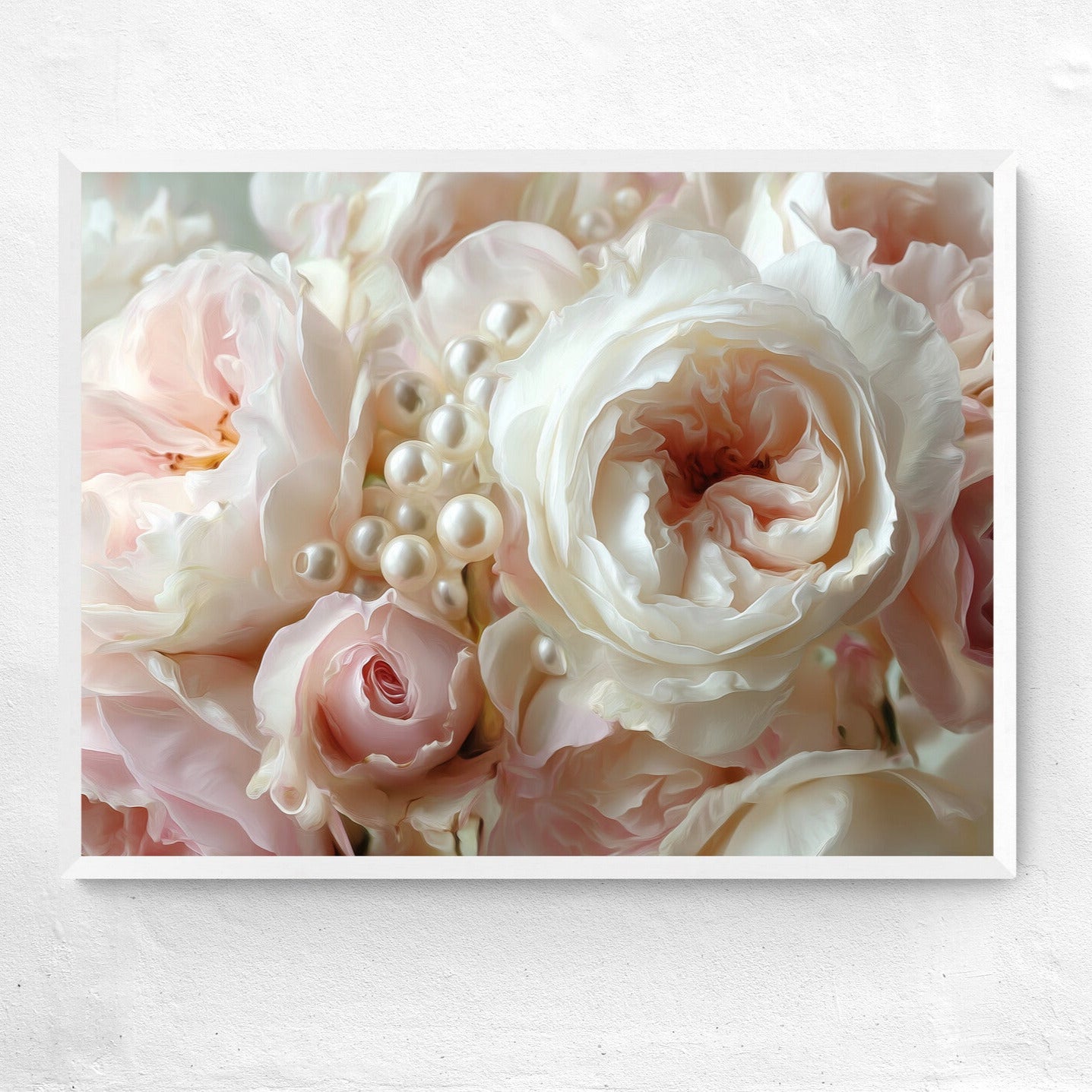 Framed artwork of pink and white roses with pearls on a light gray background